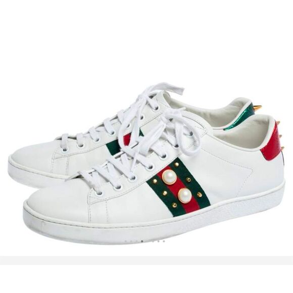 Gucci Women's Ace Studded Pearl Sneakers White Size 7.5 Athletic Shoes - Picture 2 of 14
